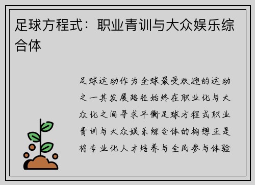 足球方程式：职业青训与大众娱乐综合体