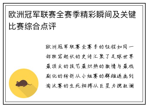 欧洲冠军联赛全赛季精彩瞬间及关键比赛综合点评